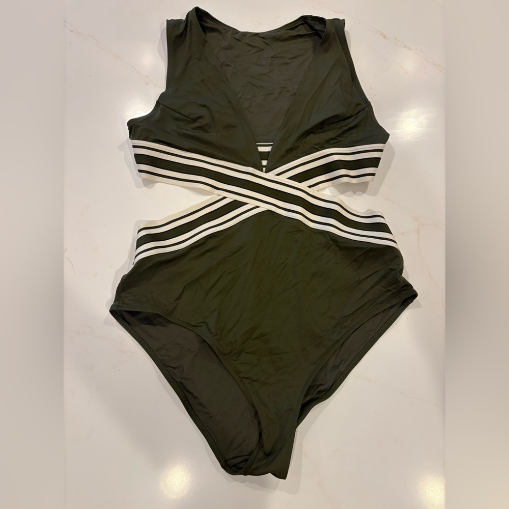 H&M Olive Green One-Piece Swimsuit with White & Black Stripes